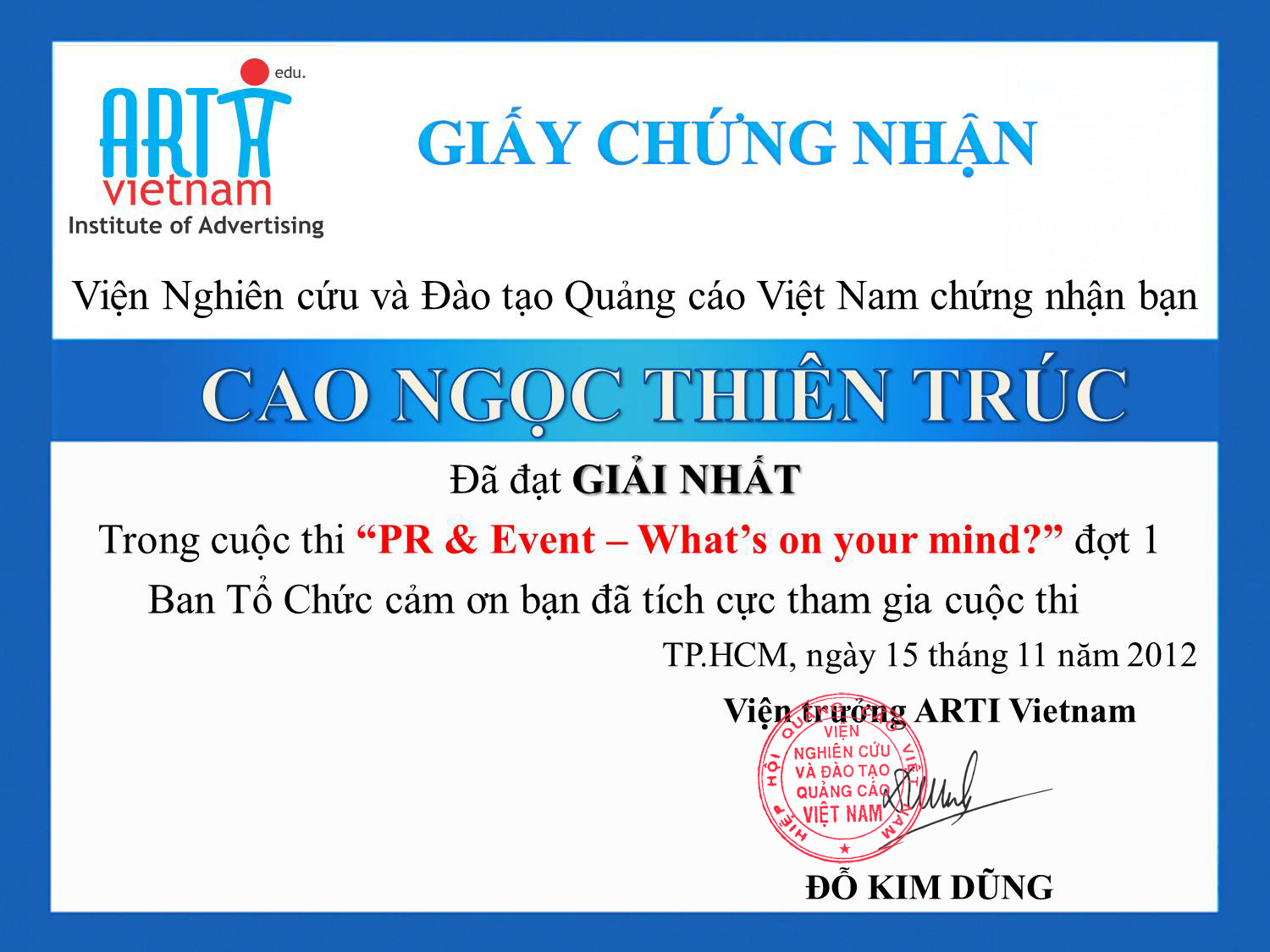 Description: ARTIVietnam_Giai nhat cuoc thi_Ban Cao Ngoc Thien Truc